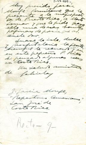 Primera imagen del registro Carta de Gabriela Mistral a J. García Monje