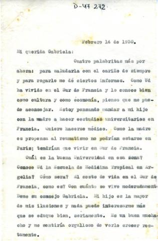 Primera imagen del registro Carta de Joaquín García a Gabriela Mistral