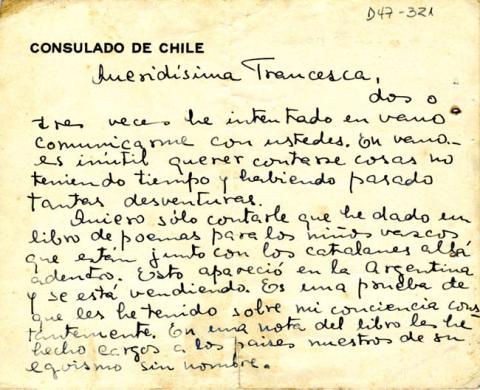 Primera imagen del registro Carta de Gabriela Mistral a Francesca