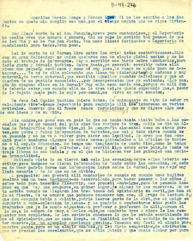 Primera imagen del registro Carta de Gabriela Mistral a García Monge y Carmen Lira