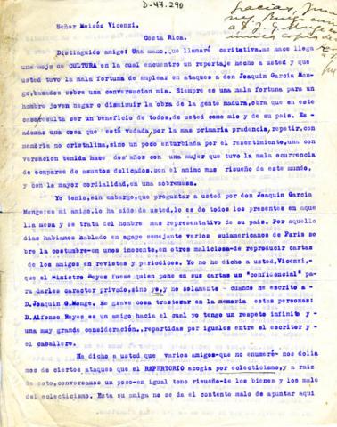 Primera imagen del registro Carta de Gabriela Mistral a Moisés Vicenzi