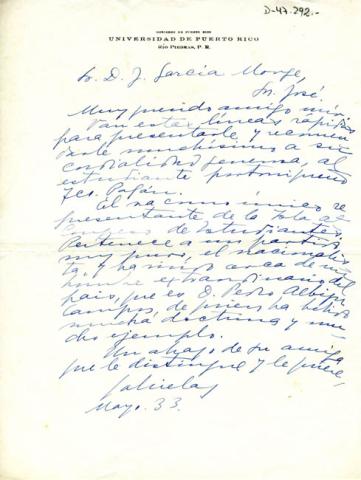 Primera imagen del registro Carta de Gabriela Mistral a J. García Monje