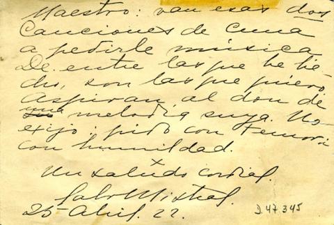 Primera imagen del registro Carta de Gabriela Mistral