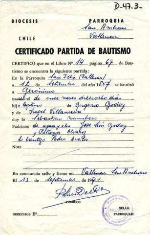 Primera imagen del registro Certificado partida de bautismo