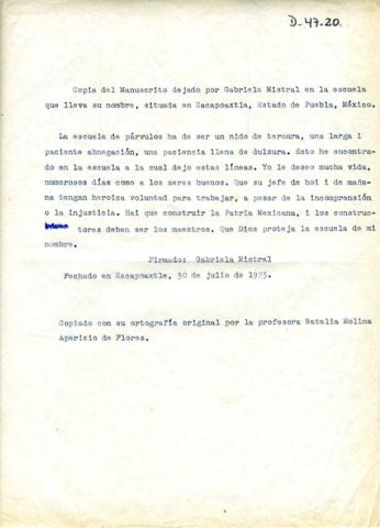 Primera imagen del registro Copia del manuscrito de Gabriela Mistral a la escuela en Puebla, México