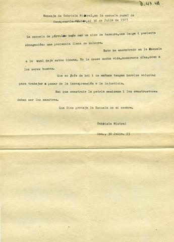 Primera imagen del registro Mensaje de Gabriela Mistral