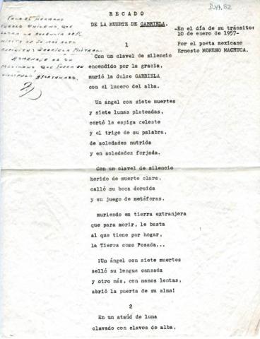Primera imagen del registro Recado de la muerte de Gabriela Mistral