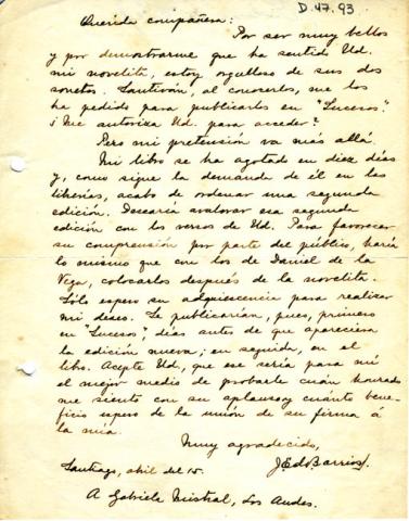 Primera imagen del registro Carta de Eduardo Barros a Gabriela Mistral