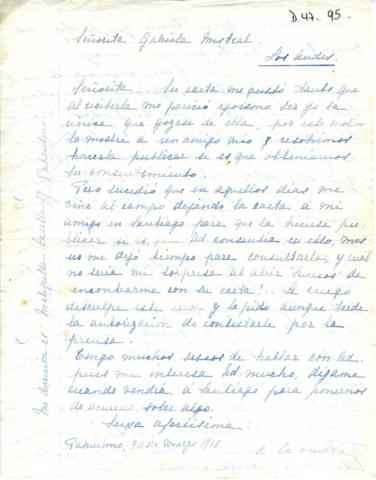 Primera imagen del registro Carta de Inés Echeverría a Gabriela Mistral