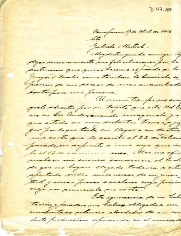 Primera imagen del registro Carta Fechada en abril de 1916