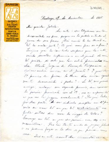 Primera imagen del registro Carta de Amanda Labarca a Gabriela Mistral