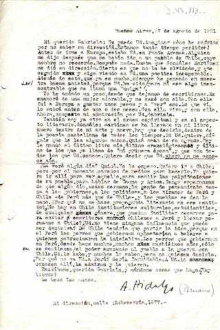 Primera imagen del registro Carta de H. Hidalgo a Gabriela Mistral