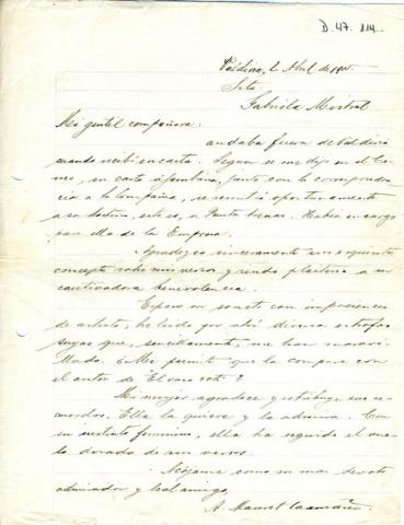 Primera imagen del registro Carta del Alberto Mauret a Gabriela Mistral