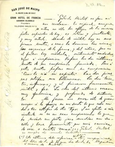 Primera imagen del registro Carta de Diego Dublé a Gabriela Mistral