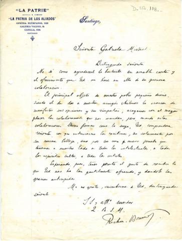 Primera imagen del registro Carta de Richard Brunel a Gabriela Mistral