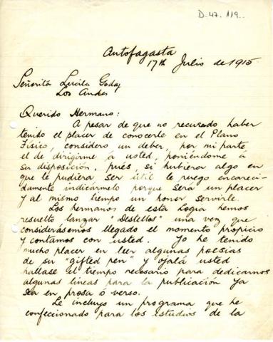 Primera imagen del registro Carta de J. Hamilton-Jones a Gabriela Mistral