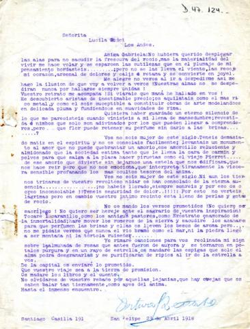 Primera imagen del registro Carta de Arturo Peña a Gabriela Mistral