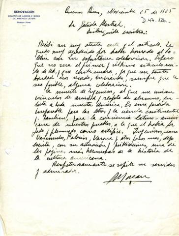 Primera imagen del registro Carta a Gabriela Mistral
