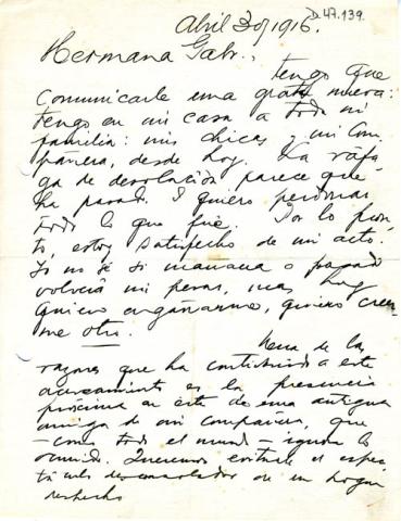 Primera imagen del registro Carta de Luis Carrera a Gabriela Mistral