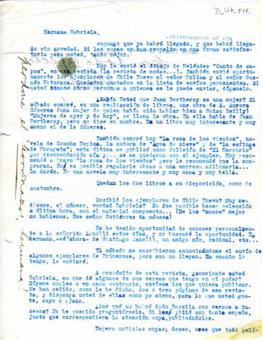 Primera imagen del registro Carta de Luis Carrera a Gabriela Mistral