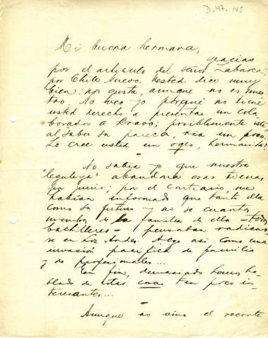 Primera imagen del registro Carta de Luis Carrera a Gabriela Mistral