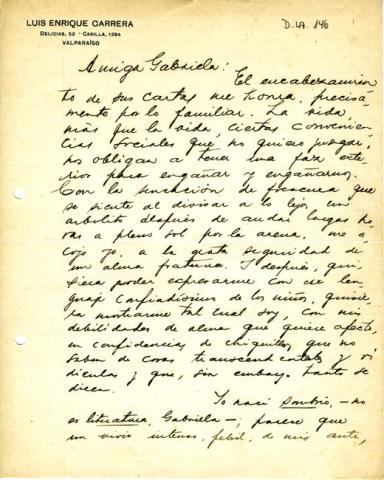 Primera imagen del registro Carta de Luis Carrera a Gabriela Mistral