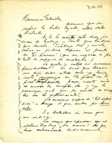 Primera imagen del registro Carta de Luis Carrera a Gabriela Mistral