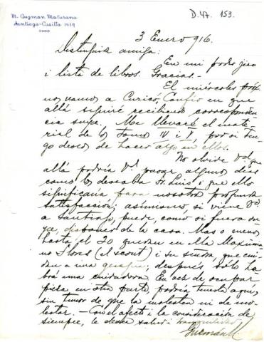 Primera imagen del registro Carta de Manuel Guzmán a Gabriela Mistral