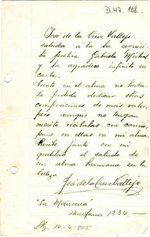 Primera imagen del registro Carta de José de la Cruz a Gabriela Mistral