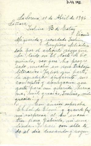 Primera imagen del registro Carta a Isolina Barraza