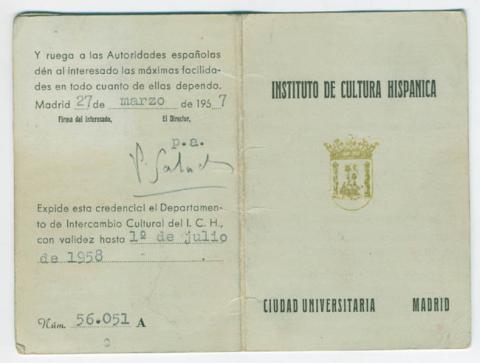 Primera imagen del registro Carnet Instituto de Cultura Hispánica