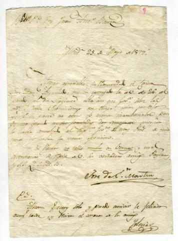 Primera imagen del registro Carta escrita por José de San Martín dirigida a Fray Juan Antonio Bauzá