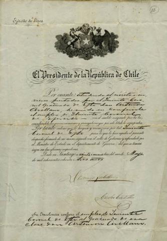 Primera imagen del registro Diploma otorgado por el Presidente Domingo Santa María