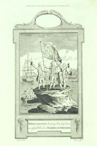 Primera imagen del registro M. Bougainville Hoisting French Colours on a small Rock in Magellan Streights