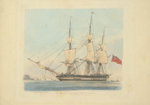 Primera imagen del registro First Class, West Indiaman. (Thetis Capt Burton) getting under weigh off the Needles I.W.