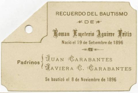 Primera imagen del registro Tarjeta de bautismo de Román Emeterio Aguirre Fritis