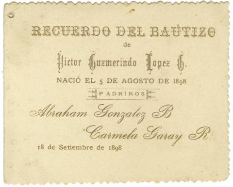 Primera imagen del registro Tarjeta de bautismo de Víctor Guzmerindo López G.