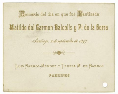 Primera imagen del registro Recuerdo de bautismo de Matilde del Carmen Balcells y Pi de la Serra