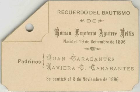 Primera imagen del registro Tarjeta de bautismo de Román Emetrio Aguirre Fritis