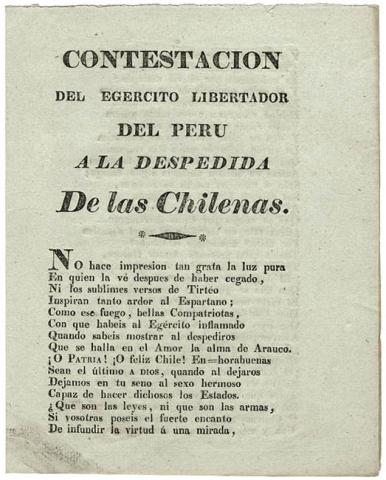 Primera imagen del registro Contestación del egercito libertador del Perú a la despedida de las chilenas