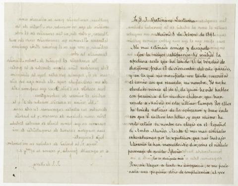 Primera imagen del registro Carta de José Joaquín de Mora a José Victorino Lastarria felicitándolo por sus éxitos literarios y agradece su nombramiento como miembro honorario de la facultad de Filosofía