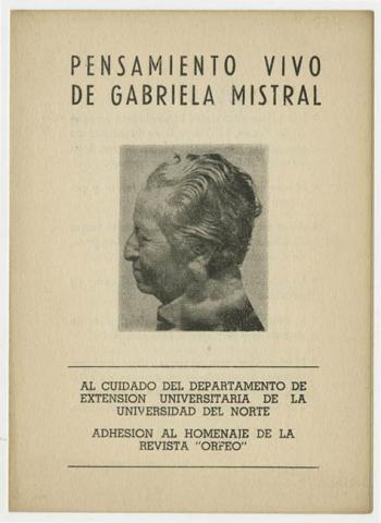 Primera imagen del registro "Pensamiento vivo de Gabriela Mistral". Adhesión al homenaje de la Revista Orfeo a Gabriela Mistral