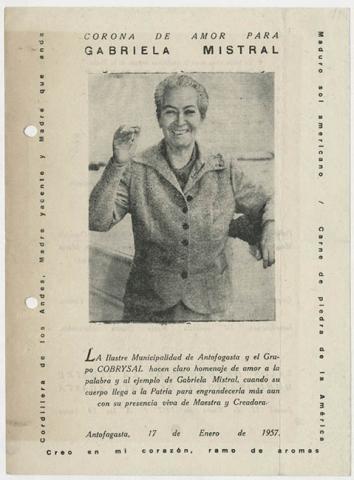 Primera imagen del registro Corona de Amor para Gabriela Mistral. Municipalidad de Antofagasta