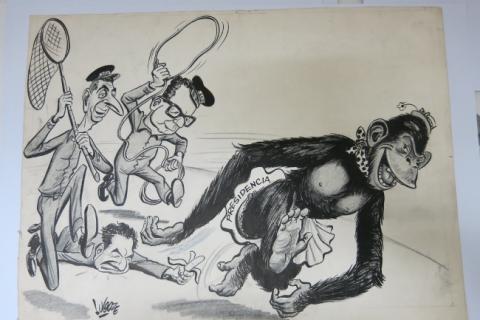 Primera imagen del registro La mona vestida de presidencia, perseguida por Frei y Allende