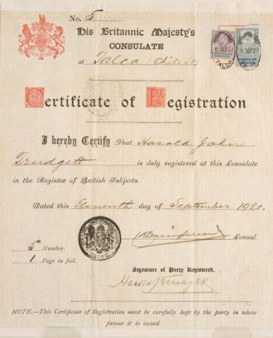 Primera imagen del registro Certificado de registro y autorización de embarque de Harold Trudgett