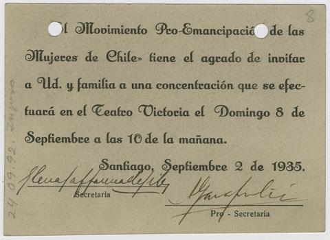 Primera imagen del registro Invitación a Concentración del Movimiento pro-emancipación de las Mujeres de Chile