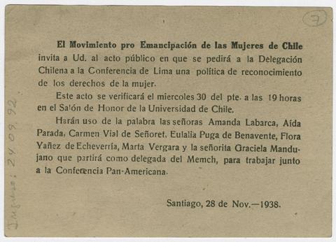 Primera imagen del registro Acto público del Movimiento pro-emancipación de las Mujeres de Chile