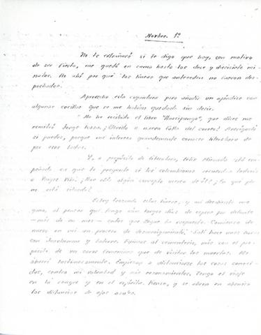 Primera imagen del registro Carta de Oscar Castro a Osca Vila, fechada en Noviembre 1°