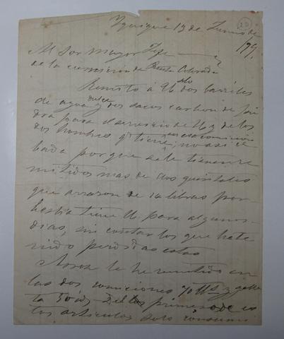 Primera imagen del registro Carta al Mayor en Jefe de Punta Colorada, con información sobre envío de agua y carbón a soldados