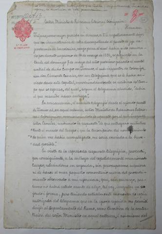 Primera imagen del registro Solicitud de Hernán Trizano a Ministro de RREE y Colonización